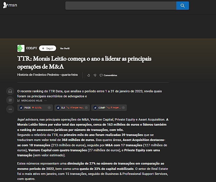 TTR: Morais Leito comea o ano a liderar as principais operaes de M&A